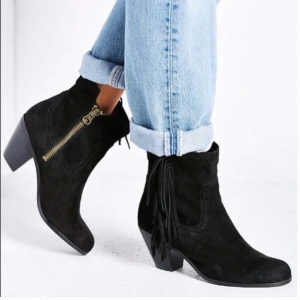 Sam Edelman Louie Ankle Fringe Boot Black Suede